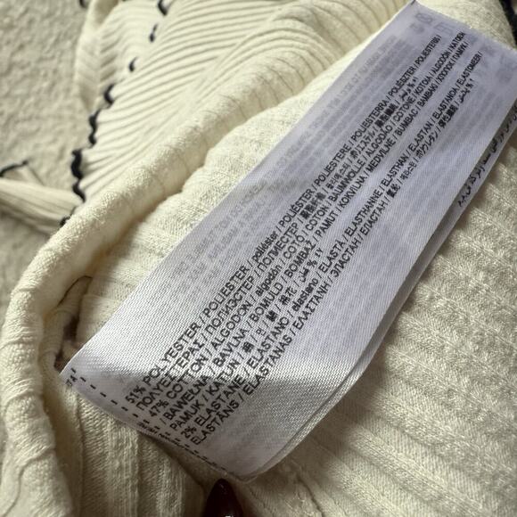 Mango MNG Ribbed Long Sleeve T-Shirt Cream Black Lettuce Edge Trim Mock Neck XS - Picture 11 of 13